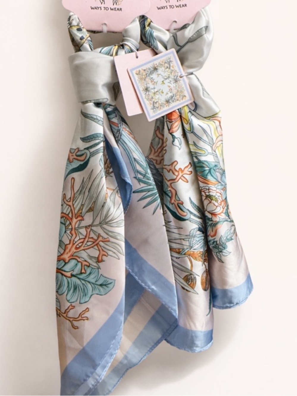 Sunday State Scarf Set 2 Silk Scarves Blue Floral Bag Tie Hair 26.8” NWT